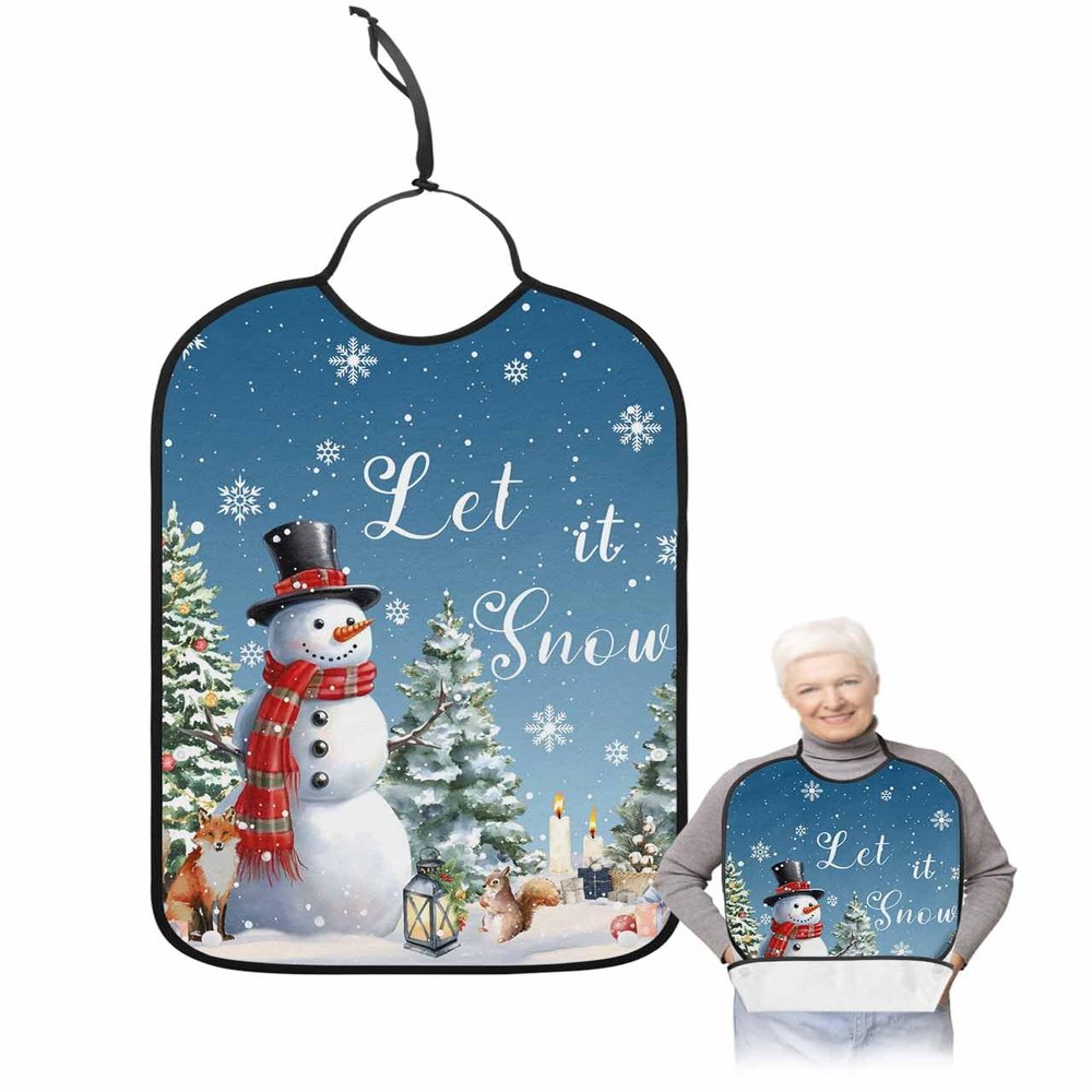 Adult Bibs for Elderly Women - Navy Blue Christmas Snowman Waterproof Dining Clothing Protectors with Crumb Catcher for Eating/Feeding, Xmas Tree Winter Snowflake Terry Cloth Bib Machine Washable