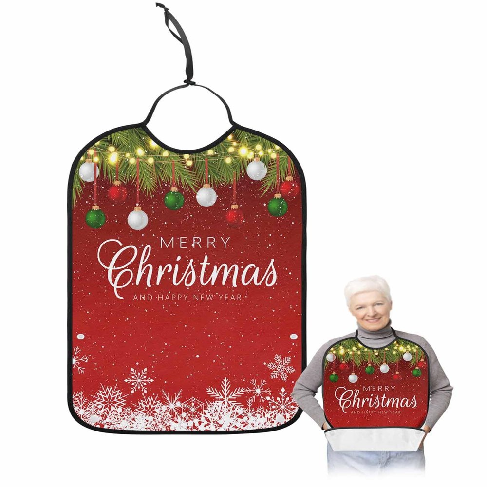 Adult Bibs for Elderly Women - Red Green Christmas Balls Waterproof Dining Clothing Protectors with Crumb Catcher for Eating/Feeding, Merry Christmas and Happy New Year Terry Cloth Bib Washable