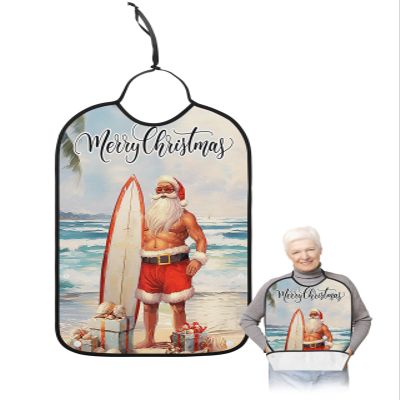 Adult Bibs for Elderly Women - Surfboard Santa Christmas Waterproof Dining Clothing Protectors with Crumb Catcher for Eating/Feeding, Coastal Nautical Beach Shell Terry Cloth Bib Machine Washable