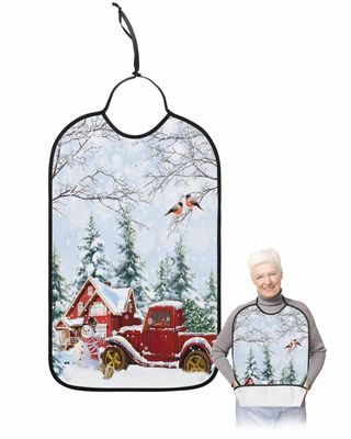Adult Bibs for Elderly Women - Christmas Snowman Truck Waterproof Dining Clothing Protectors with Crumb Catcher for Eating/Feeding, Winter Snowflake Xmas Tree Terry Cloth Bib Machine Washable