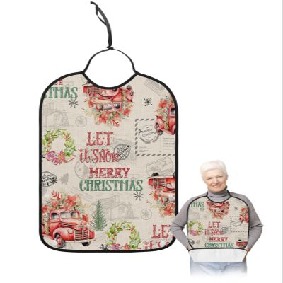 Adult Bibs for Elderly Women - Red Truck Christmas Waterproof Dining Clothing Protectors with Crumb Catcher for Eating/Feeding, Xmas Tree Botanical Wreath Vintage Terry Cloth Bib Machine Washable