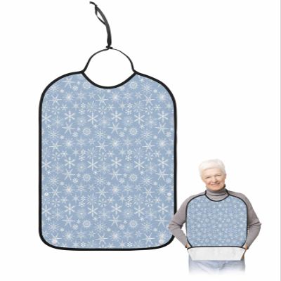 Adult Bibs for Elderly Women - Blue Snowflake Christmas Waterproof Dining Clothing Protectors with Crumb Catcher for Eating/Feeding, Rustic Xmas Winter Snowflake Terry Cloth Bib Machine Washable