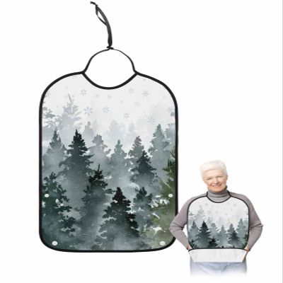 Adult Bibs for Elderly Women - Christmas Waterproof Dining Clothing Protectors with Crumb Catcher for Eating/Feeding, Watercolor Green Xmas Tree Winter Snowflake Terry Cloth Bib Machine Washable