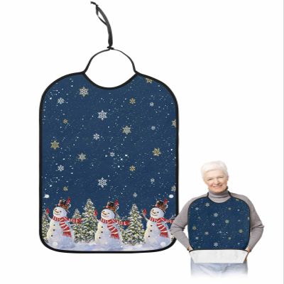 Adult Bibs for Elderly Women - Navy Blue Snowman Christmas Waterproof Dining Clothing Protectors with Crumb Catcher for Eating/Feeding, Winter Xmas Tree Snowflake Terry Cloth Bib Machine Washable