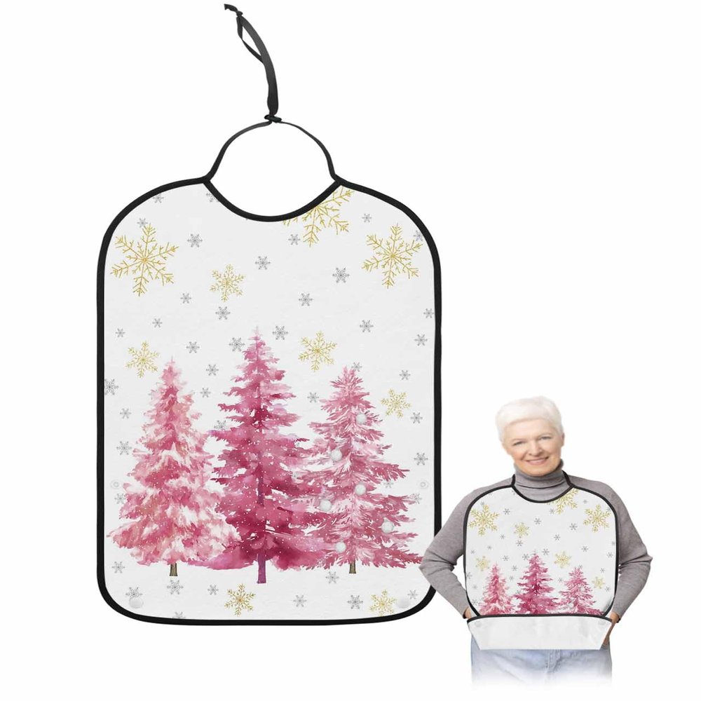 Kewadony Adult Bibs for Elderly Women - Pink Christmas Tree Waterproof Dining Clothing Protectors with Crumb Catcher for Eating/Feeding, Xmas Tree Winter Snowflake Terry Cloth Bib Machine Washable