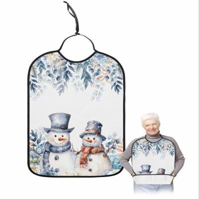 Adult Bibs for Elderly Women - Blue Snowman Christmas Waterproof Dining Clothing Protectors with Crumb Catcher for Eating/Feeding, Xmas Floral Botanical Winter Snowflake Terry Cloth Bib Washable