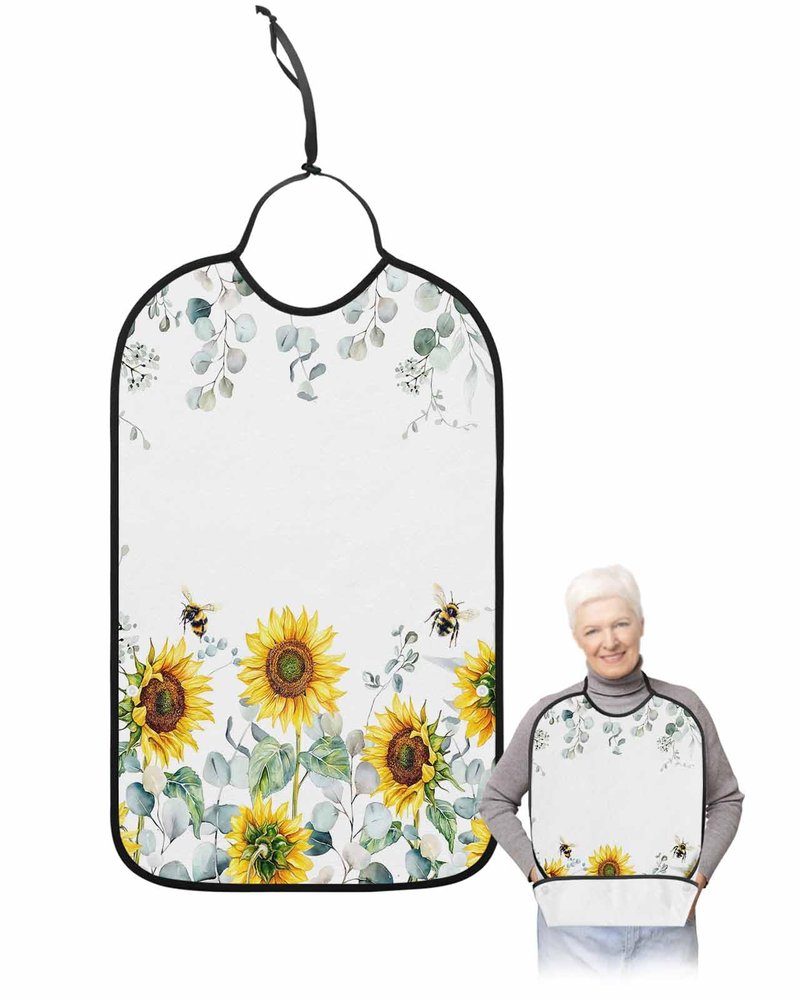 Adult Bibs for Elderly Women - Sunflower Waterproof Dining Clothing Protectors with Crumb Catcher for Eating/Feeding, Pastoral Eucalyptus Leaves Botanical Summer Bee Terry Cloth Bib Machine Washable