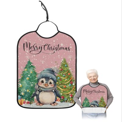 Kewadony Adult Bibs for Elderly Women - Pink Penguin Christmas Waterproof Dining Clothing Protectors with Crumb Catcher for Eating/Feeding, Xmas Tree Winter Snowflake Terry Cloth Bib Machine Washable