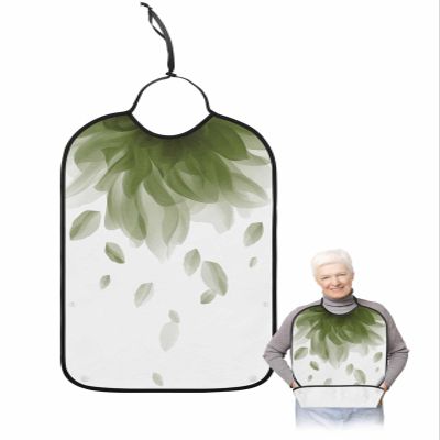 Adult Bibs for Elderly Women - Sage Green Ombre Waterproof Dining Clothing Protectors with Crumb Catcher for Eating/Feeding, Watercolor Floral Modern Abstract Art Terry Cloth Bib Machine Washable