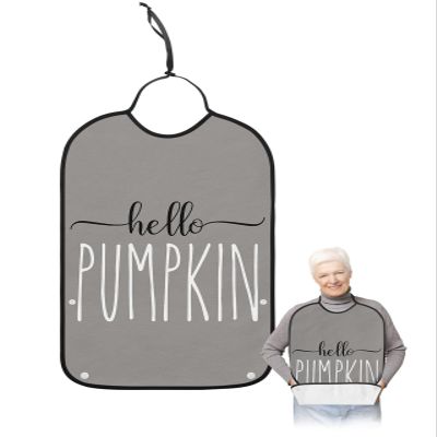Kewadony Adult Bibs for Elderly Women - Thanksgiving Fall Waterproof Dining Clothing Protectors with Crumb Catcher for Eating/Feeding, Hello Pumpkins Autumn Grey Terry Cloth Bib Machine Washable