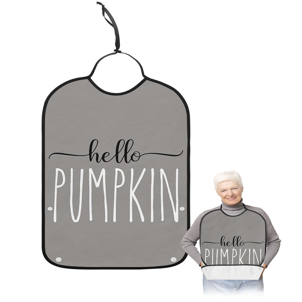 Kewadony Adult Bibs for Elderly Women - Thanksgiving Fall Waterproof Dining Clothing Protectors with Crumb Catcher for Eating/Feeding, Hello Pumpkins Autumn Grey Terry Cloth Bib Machine Washable