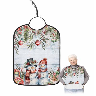 Adult Bibs for Elderly Women - Christmas Snowman Waterproof Dining Clothing Protectors with Crumb Catcher for Eating/Feeding, Red Xmas Balls Botanical Snowflake Terry Cloth Bib Machine Washable