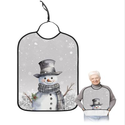 Adult Bibs for Elderly Women - Grey Snowman Christmas Waterproof Dining Clothing Protectors with Crumb Catcher for Eating/Feeding, Xmas Berry Winter Snowflake Terry Cloth Bib Machine Washable