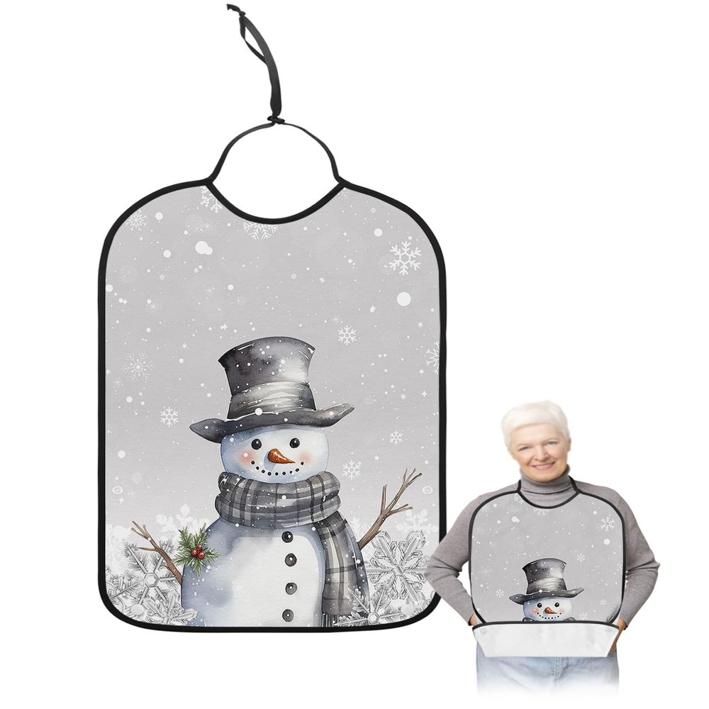 Adult Bibs for Elderly Women - Grey Snowman Christmas Waterproof Dining Clothing Protectors with Crumb Catcher for Eating/Feeding, Xmas Berry Winter Snowflake Terry Cloth Bib Machine Washable