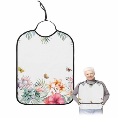 Adult Bibs for Elderly Women - Spring Floral Waterproof Dining Clothing Protectors with Crumb Catcher for Eating/Feeding, Pastoral Summer Flowers Botanical Butterfly Terry Cloth Bib Machine Washable