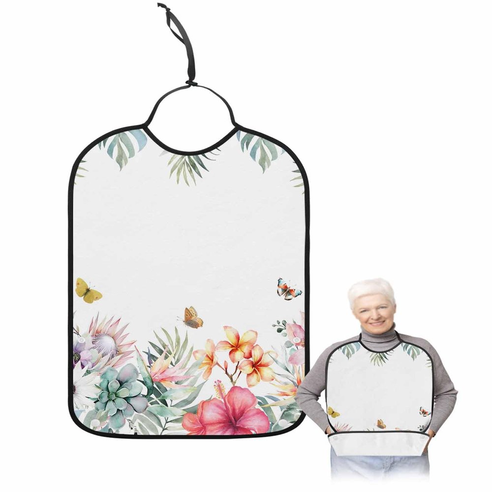 Adult Bibs for Elderly Women - Spring Floral Waterproof Dining Clothing Protectors with Crumb Catcher for Eating/Feeding, Pastoral Summer Flowers Botanical Butterfly Terry Cloth Bib Machine Washable