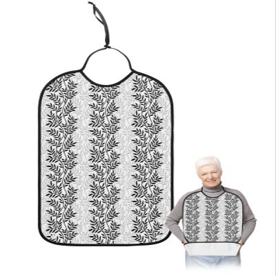 Adult Bibs for Elderly Women - Black Grey Botanical Waterproof Dining Clothing Protectors with Crumb Catcher for Eating/Feeding, Pastoral Spring Summer Leaf Aesthetics Terry Cloth Bib Machine Washable