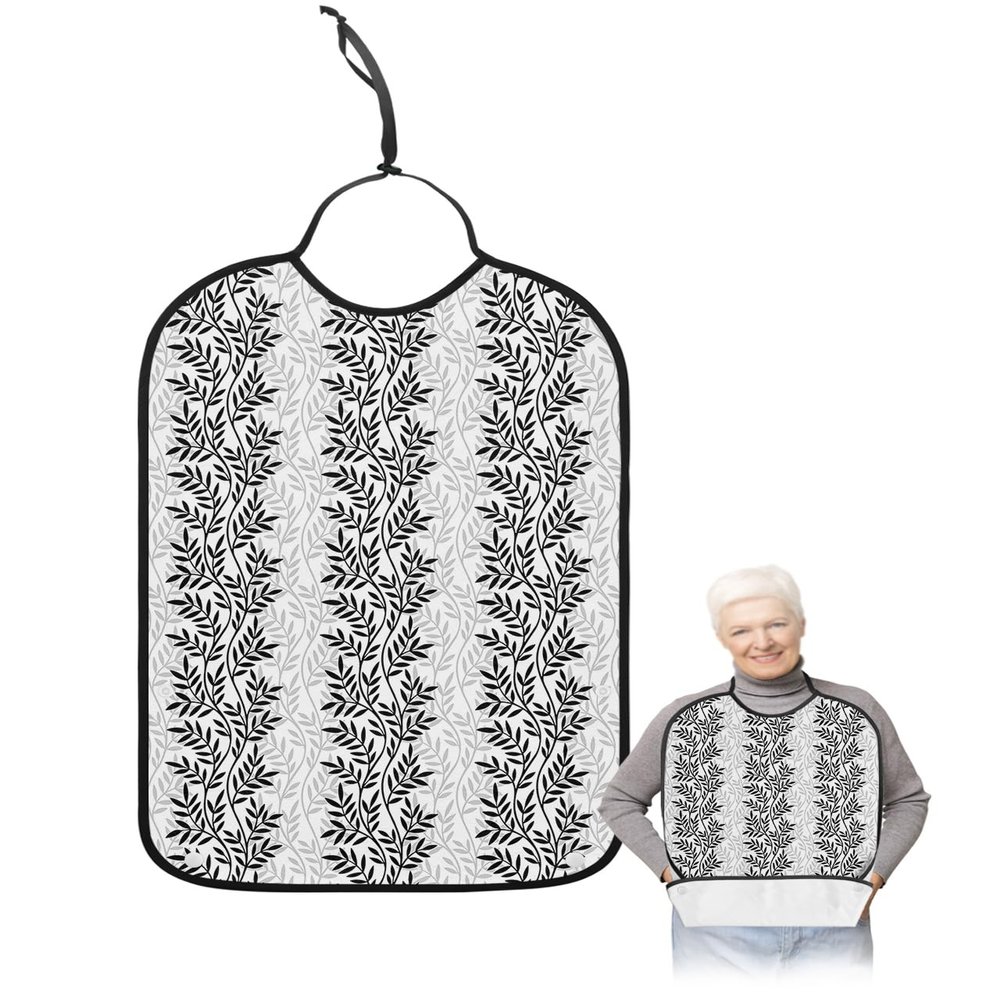 Adult Bibs for Elderly Women - Black Grey Botanical Waterproof Dining Clothing Protectors with Crumb Catcher for Eating/Feeding, Pastoral Spring Summer Leaf Aesthetics Terry Cloth Bib Machine Washable