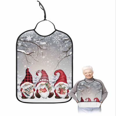 Adult Bibs for Elderly Women - Red Gnomes Christmas Waterproof Dining Clothing Protectors with Crumb Catcher for Eating/Feeding, Grey Xmas Tree Winter Snowflake Terry Cloth Bib Machine Washable