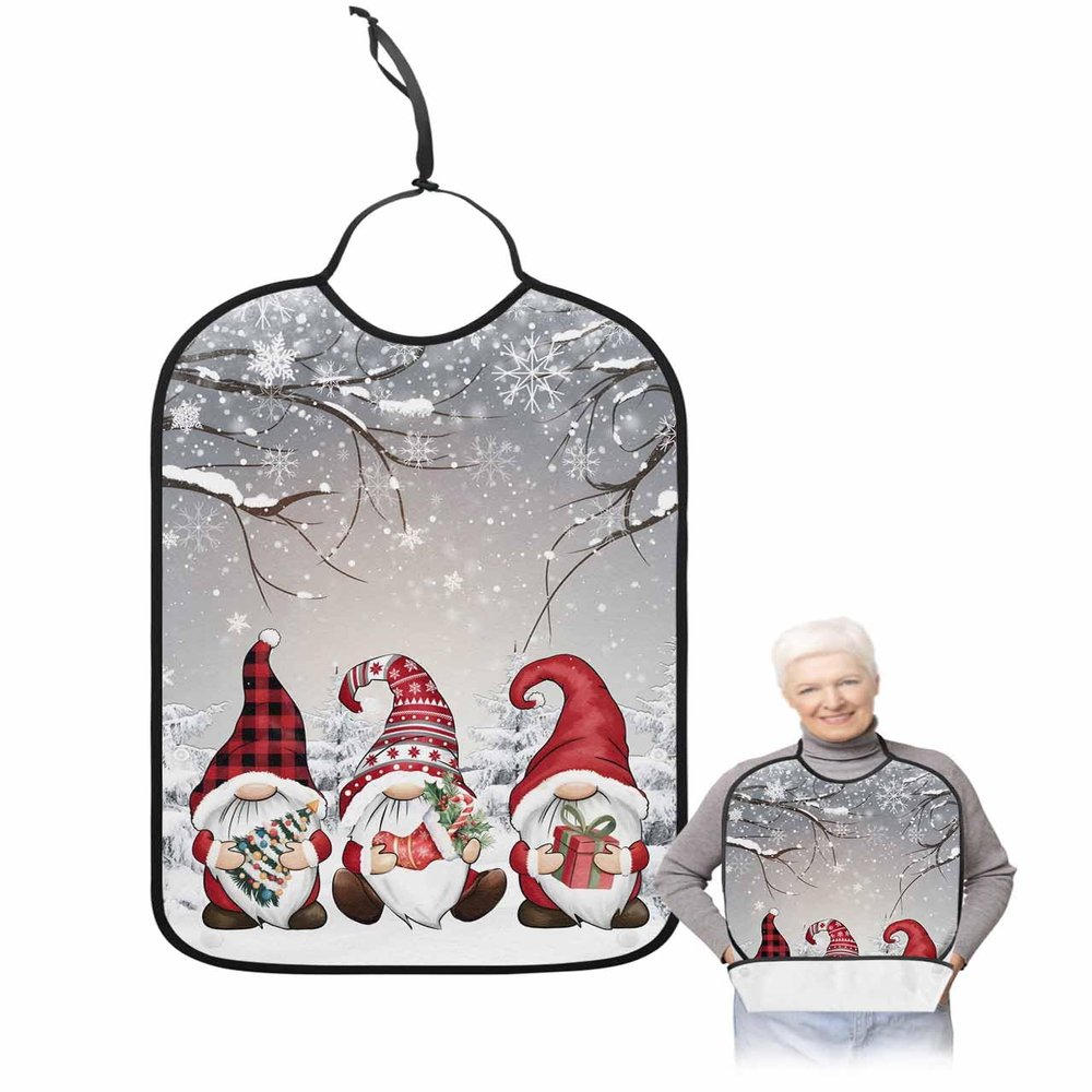 Adult Bibs for Elderly Women - Red Gnomes Christmas Waterproof Dining Clothing Protectors with Crumb Catcher for Eating/Feeding, Grey Xmas Tree Winter Snowflake Terry Cloth Bib Machine Washable