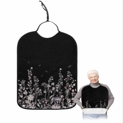Adult Bibs for Elderly Women - Pink Floral Waterproof Dining Clothing Protectors with Crumb Catcher for Eating/Feeding, Pastoral Spring Botanical Flower Dragonfly Black Terry Cloth Bib Washable