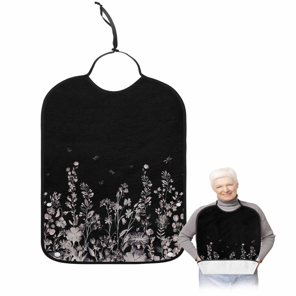 Adult Bibs for Elderly Women - Pink Floral Waterproof Dining Clothing Protectors with Crumb Catcher for Eating/Feeding, Pastoral Spring Botanical Flower Dragonfly Black Terry Cloth Bib Washable