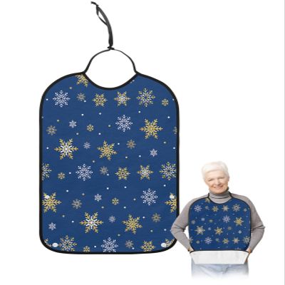 Adult Bibs for Elderly Women - Navy Blue Christmas Snowflake Waterproof Dining Clothing Protectors with Crumb Catcher for Eating/Feeding, Yellow White Xmas Winter Snowflake Terry Cloth Bib Washable
