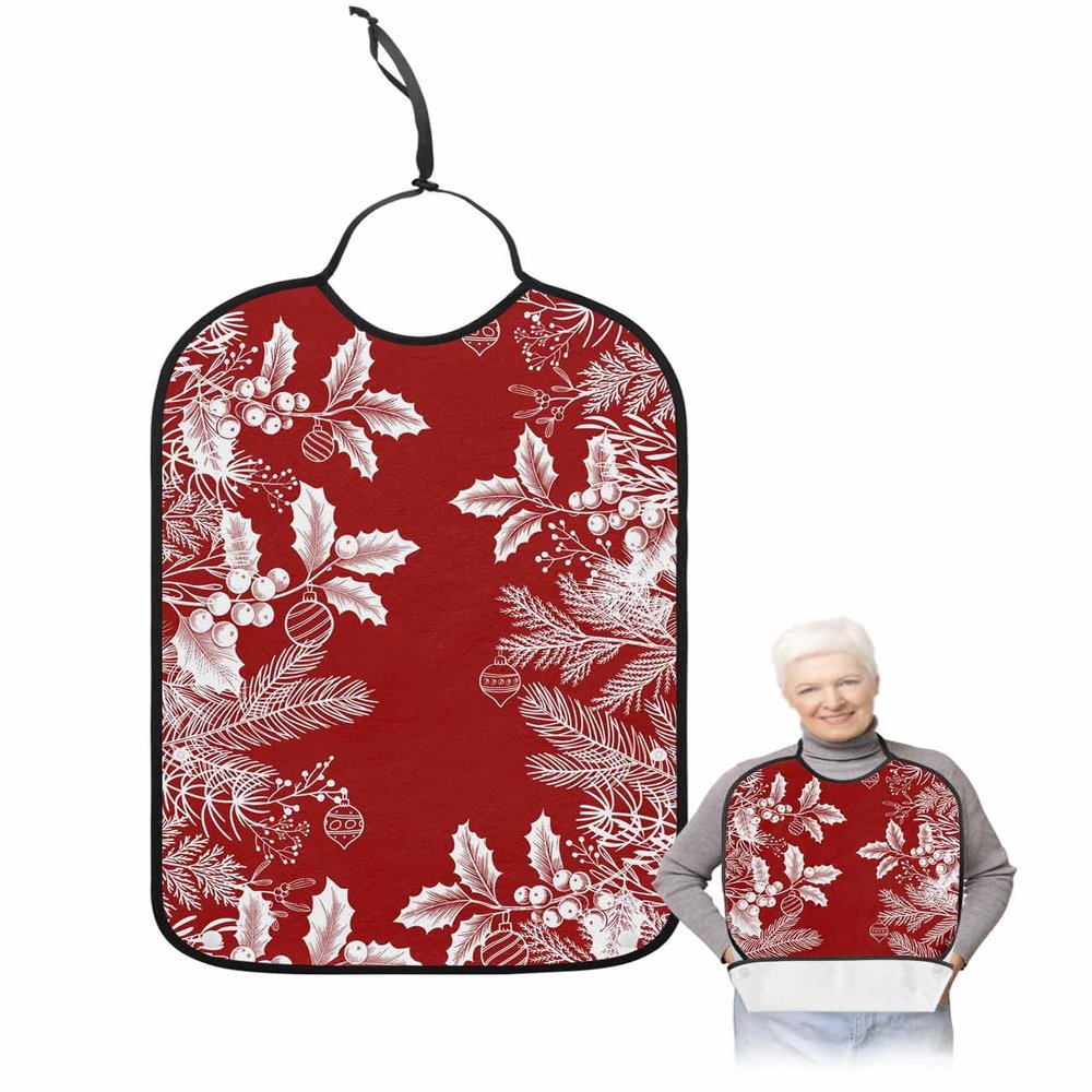 Kewadony Adult Bibs for Elderly Women - Red Christmas Waterproof Dining Clothing Protectors with Crumb Catcher for Eating/Feeding, White Xmas Pine Needle Botanical Terry Cloth Bib Machine Washable