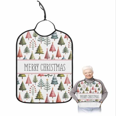 Adult Bibs for Elderly Women - Christmas Tree Waterproof Dining Clothing Protectors with Crumb Catcher for Eating/Feeding, Watercolor Xmas Tree Merry Christmas Terry Cloth Bib Machine Washable