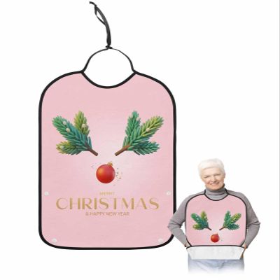 Adult Bibs for Elderly Women - Pink Christmas Waterproof Dining Clothing Protectors with Crumb Catcher for Eating/Feeding, Xmas Pine Needles Red Christmas Balls Terry Cloth Bib Machine Washable