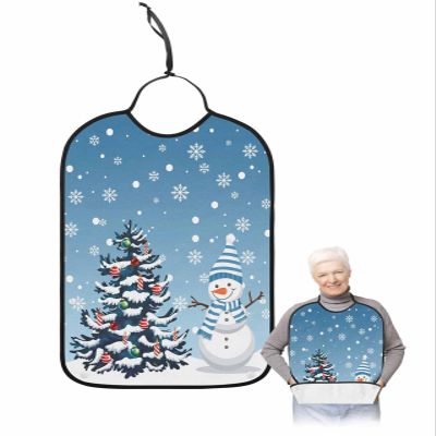 Adult Bibs for Elderly Women - Blue Snowman Christmas Waterproof Dining Clothing Protectors with Crumb Catcher for Eating/Feeding, Christmas Tree Xmas Winter Snowflake Terry Cloth Bib Machine Washable