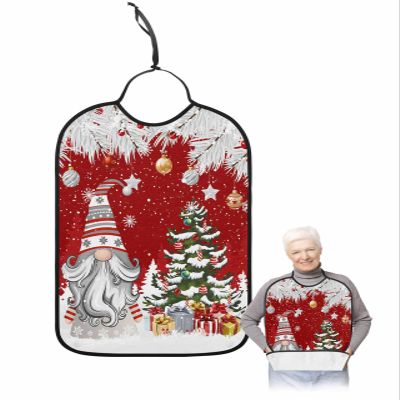 Adult Bibs for Elderly Women - Red Christmas Gnomes Waterproof Dining Clothing Protectors with Crumb Catcher for Eating/Feeding, Xmas Tree Balls Winter Snowflake Terry Cloth Bib Machine Washable
