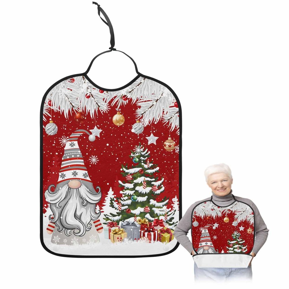 Adult Bibs for Elderly Women - Red Christmas Gnomes Waterproof Dining Clothing Protectors with Crumb Catcher for Eating/Feeding, Xmas Tree Balls Winter Snowflake Terry Cloth Bib Machine Washable