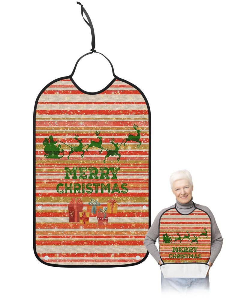 Adult Bibs for Elderly Women - Merry Christmas Waterproof Dining Clothing Protectors with Crumb Catcher for Eating/Feeding, Xmas Elk Winter Snowflake Red Striped Farmhouse Terry Cloth Bib Washable