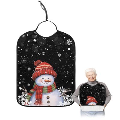 Kewadony Adult Bibs for Elderly Women - Red Snowman Christmas Waterproof Dining Clothing Protectors with Crumb Catcher for Eating/Feeding, Xmas Winter Snowflake Black Terry Cloth Bib Machine Washable