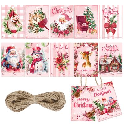 120 Pcs Pink Vintage Tags with String - Merry Christmas Hanging Paper Tags for Holiday & Xmas Gift Boxes