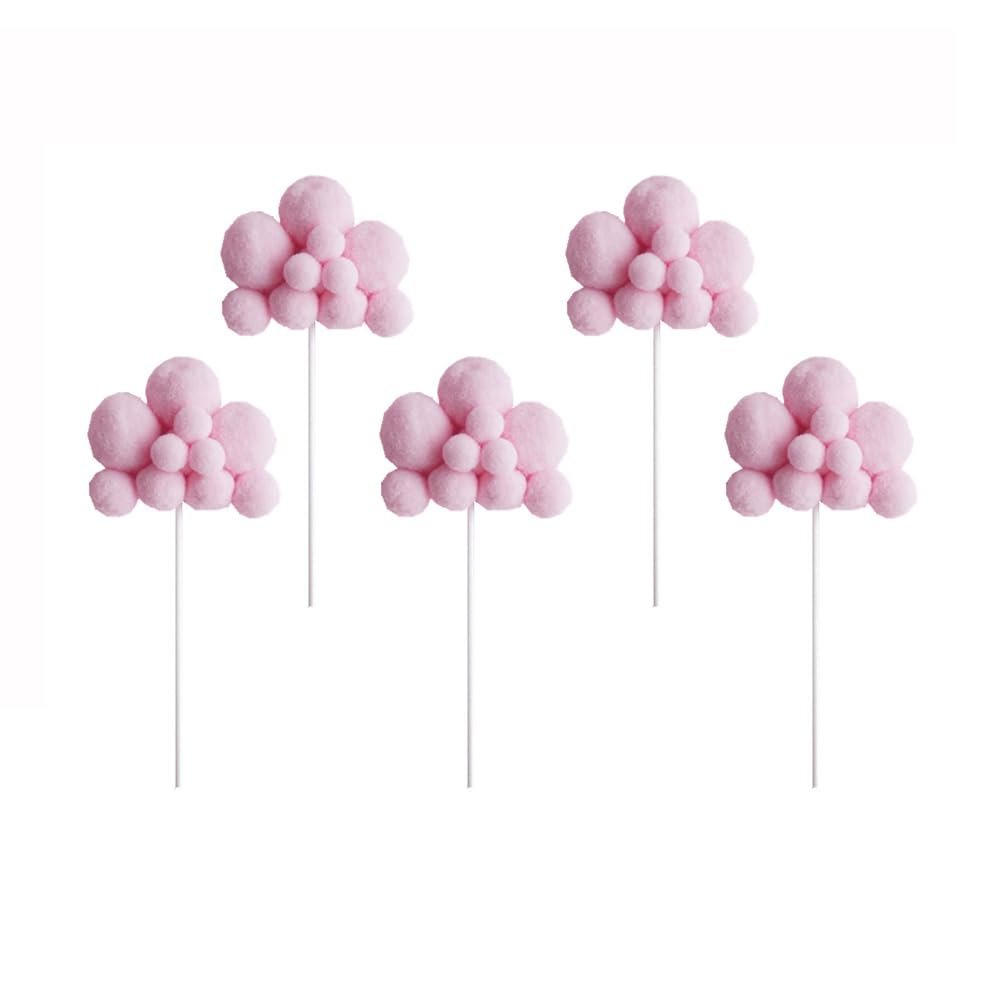 5Pcs Cloud Cake Toppers Plush Cloud Cupcake Yarn Ball Cupcake Party Props for Birthday Party Decorations (Pink)