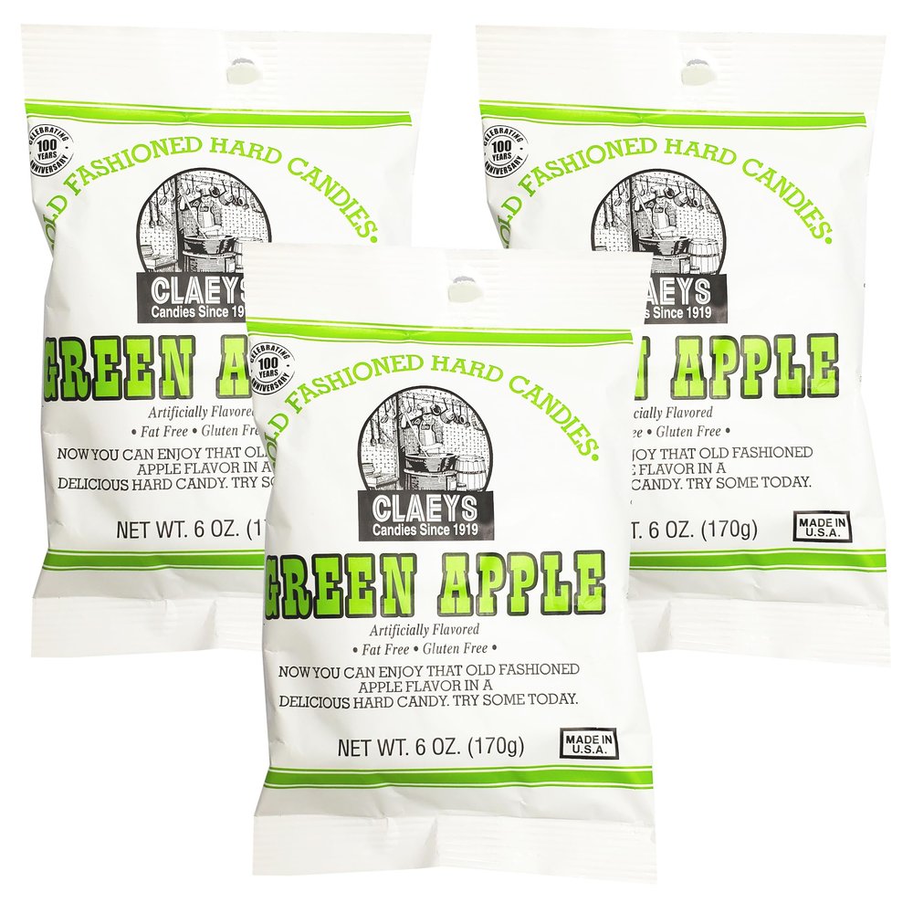 Claeys Old Fashioned Gluten Free Hard Candy 6oz Bags with TastyPack Magnet, 3 Pack (Green Apple)