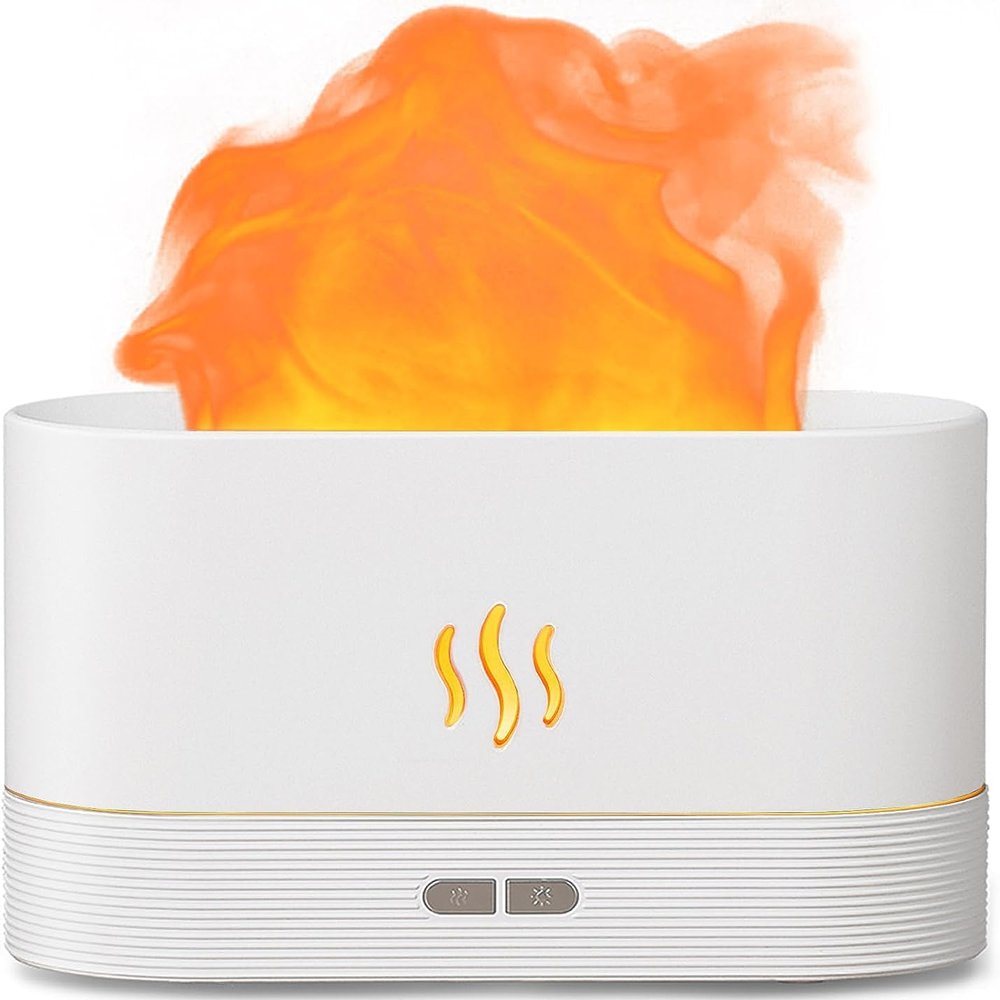 Aegci Essential Oil Diffuser Humidifer with Flame Light Effect, 180ml Air Diffuser for Essential Oils, Humidifiers for Bedroom with 2 Brightness, Auto-Off Function(White)