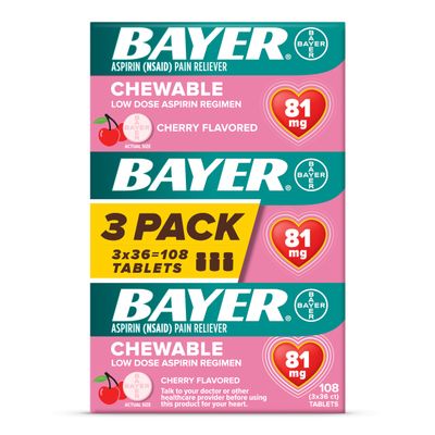 Bayer Aspirin Low Dose 81 mg Chewable Tablets, Pain Reliever, Cherry Flavored, 108 Tablets (36 Pack of 3)
