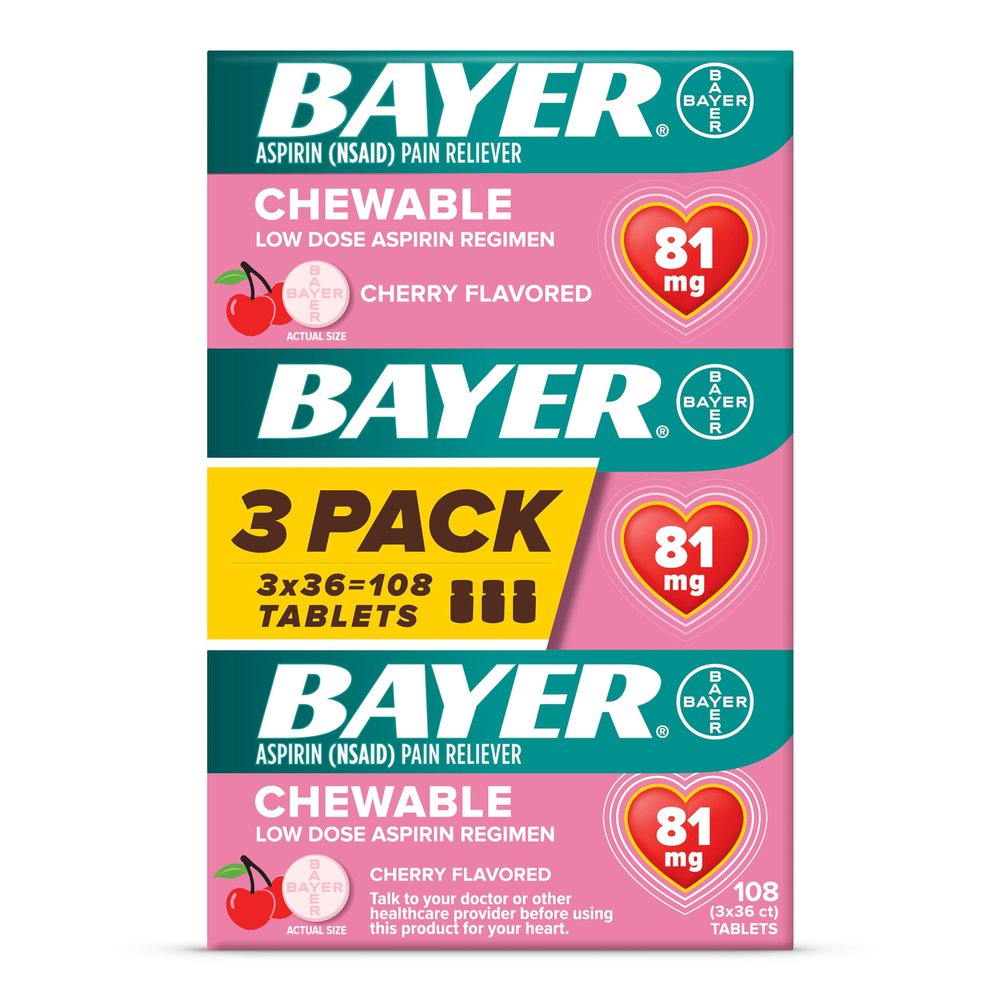 Bayer Aspirin Low Dose 81 mg Chewable Tablets, Pain Reliever, Cherry Flavored, 108 Tablets (36 Pack of 3)