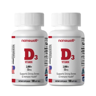NANOWELL Vitamin D3 2000 IU 180 Softgels X 2 Bottles - Immune Support Supplement (360 Count)