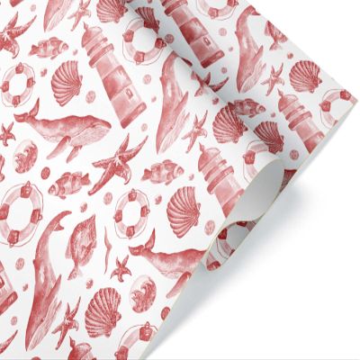 Fun Beach and Sea Theme Thick Wrapping Paper, Fish Whale Lighthouse Premium Gift Wrap, Marine Lover Decor (One 20 inch x 30 inch sheet, Red)