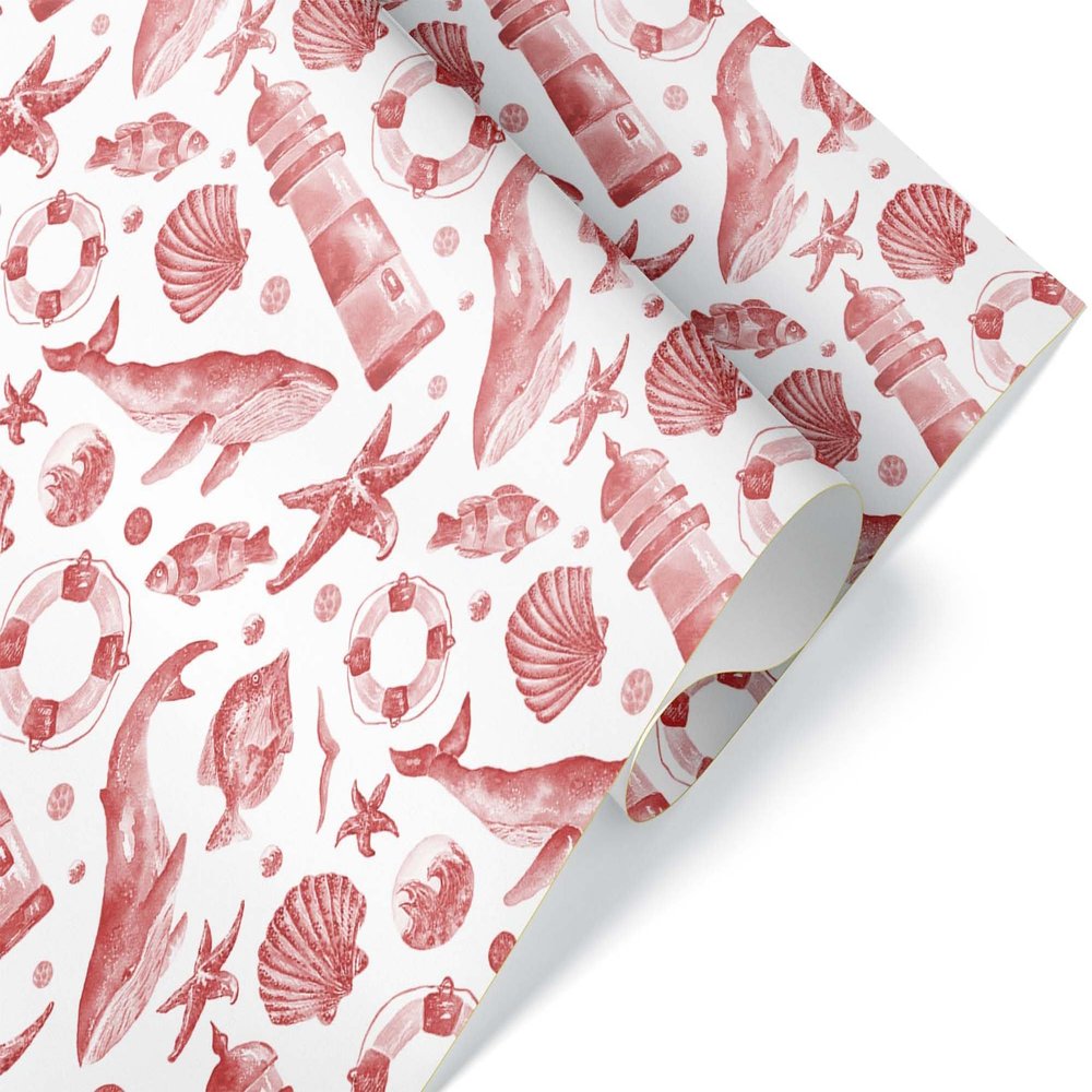 Fun Beach and Sea Theme Thick Wrapping Paper, Fish Whale Lighthouse Premium Gift Wrap, Marine Lover Decor (One 20 inch x 30 inch sheet, Red)