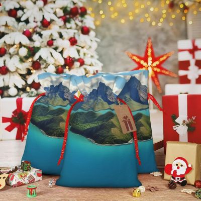 WSOIHFEC Islands and Mountain print Christmas Gift Bag with Drawstring Santa Wrapping Bag Xmas Present Bags with Gift Tag Storage Bag for Christmas Wedding Thanksgiving Christmas decoration Medium