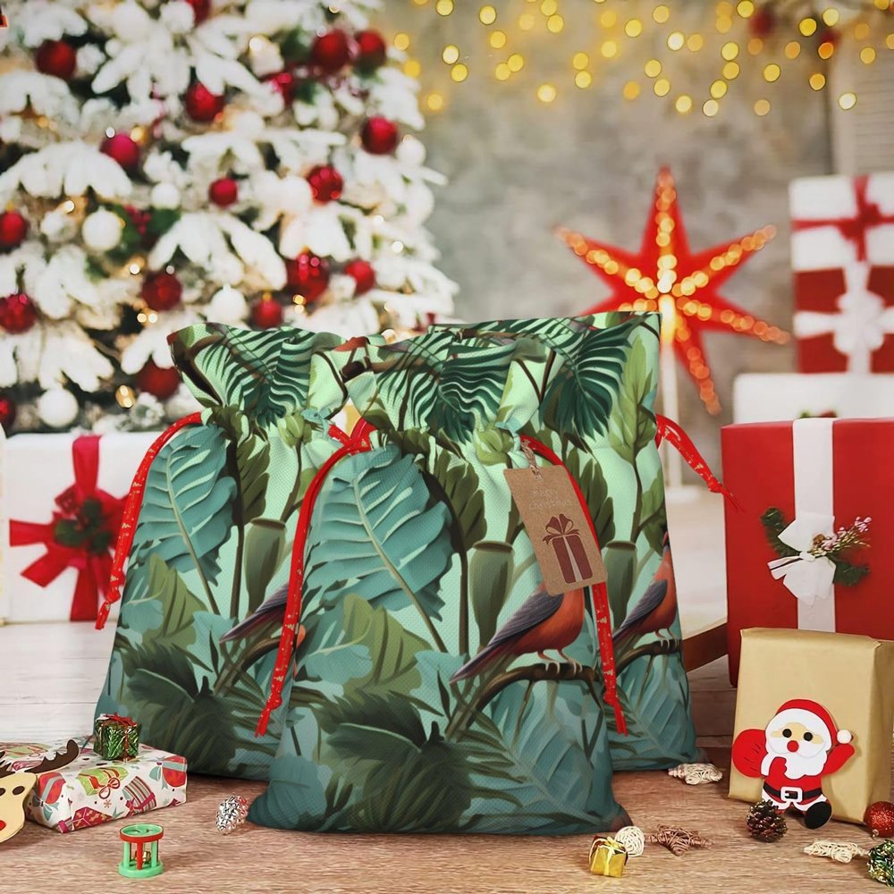 LZQPOEAS Tropical Plants Christmas Gift Bags with Drawstring Christmas Bags Gift Wrapping Bags for Xmas Holiday Party Candy Bag for Christmas Favor Bags for Xmas Presents