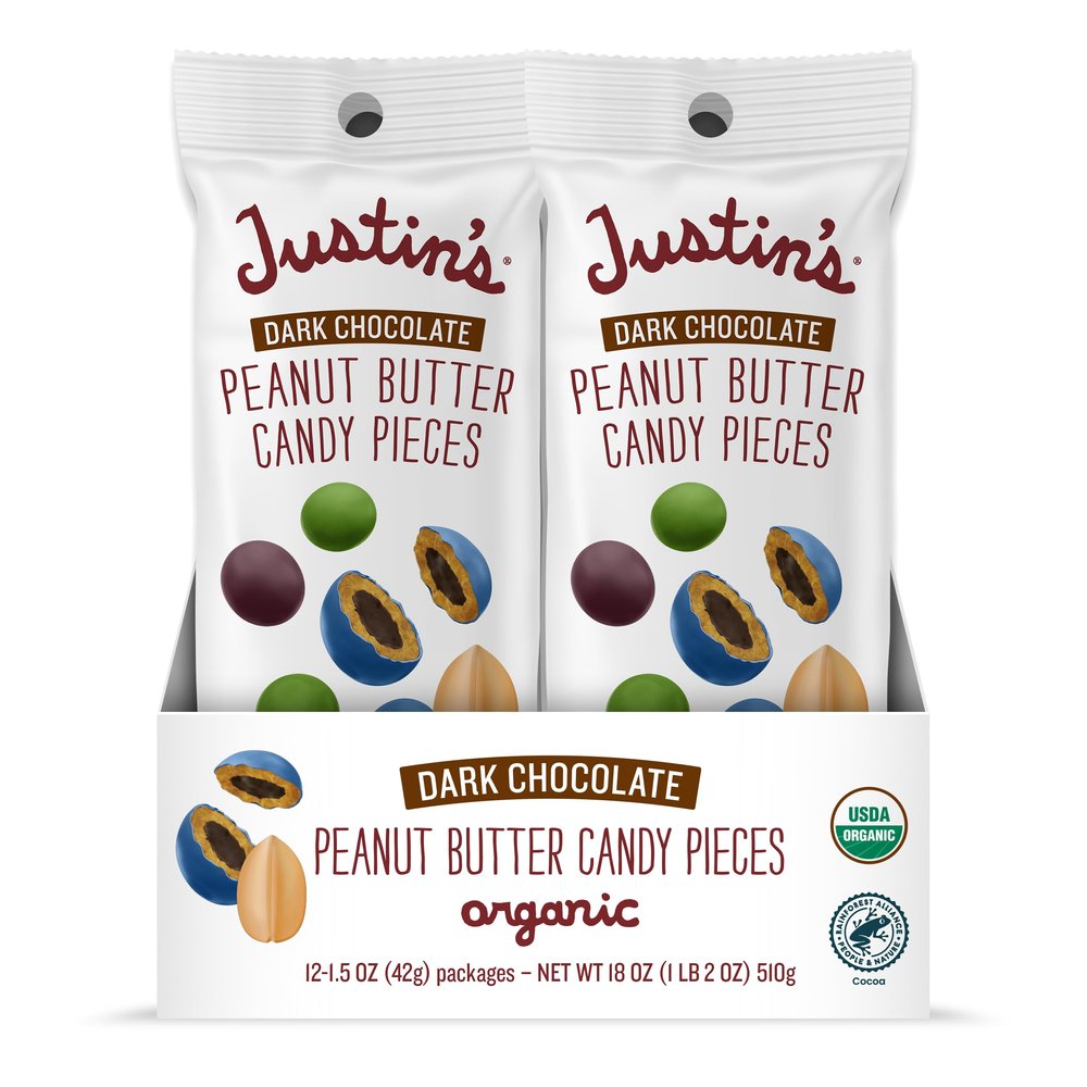 Justin's Dark Chocolate Peanut Butter Candy Pieces 12pk of 1.5oz bags Organic, Gluten Free, Non-GMO, Responsibly Source, Rainforest Alliance Certified Cocoa