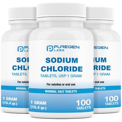 Puregen Labs Sodium Chloride Tablets 1 gm (1000 mg), USP | (15.4gr.) | 3 Pack - 300 Tablets Total | Normal Salt Tablets | Electrolytes Replenisher Hydration Drink