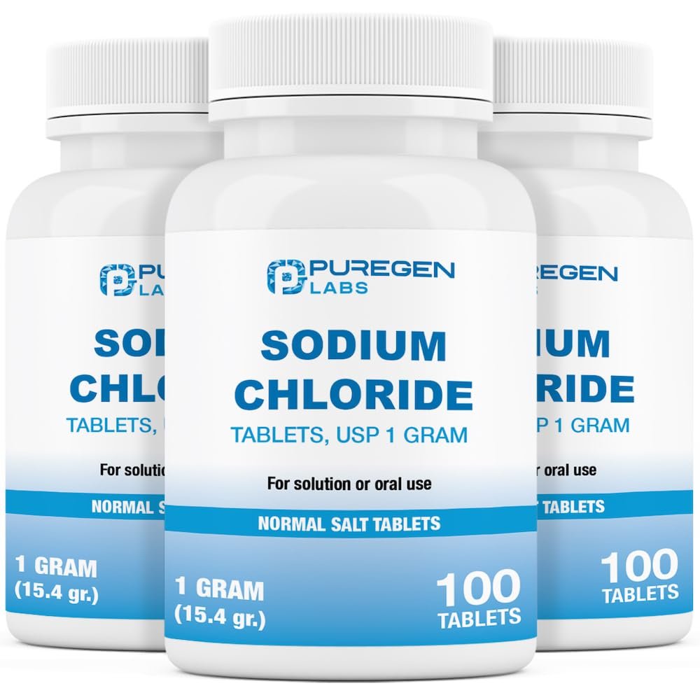 Puregen Labs Sodium Chloride Tablets 1 gm (1000 mg), USP | (15.4gr.) | 3 Pack - 300 Tablets Total | Normal Salt Tablets | Electrolytes Replenisher Hydration Drink