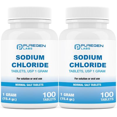 Puregen Labs Sodium Chloride Tablets 1 gm (1000 mg), USP | (15.4gr.) | Normal Salt Tablets | Electrolytes Replenisher Hydration Drink | 2 Pack - 200 Tablets Total